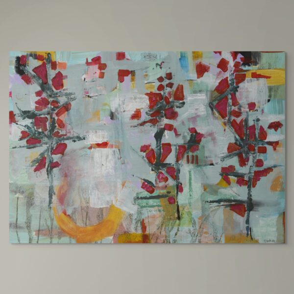 Contemporary abstract wall art representing Fireweed growing near the Thames. Vivid reds and yellows contrast with subtle misty blues and greens.