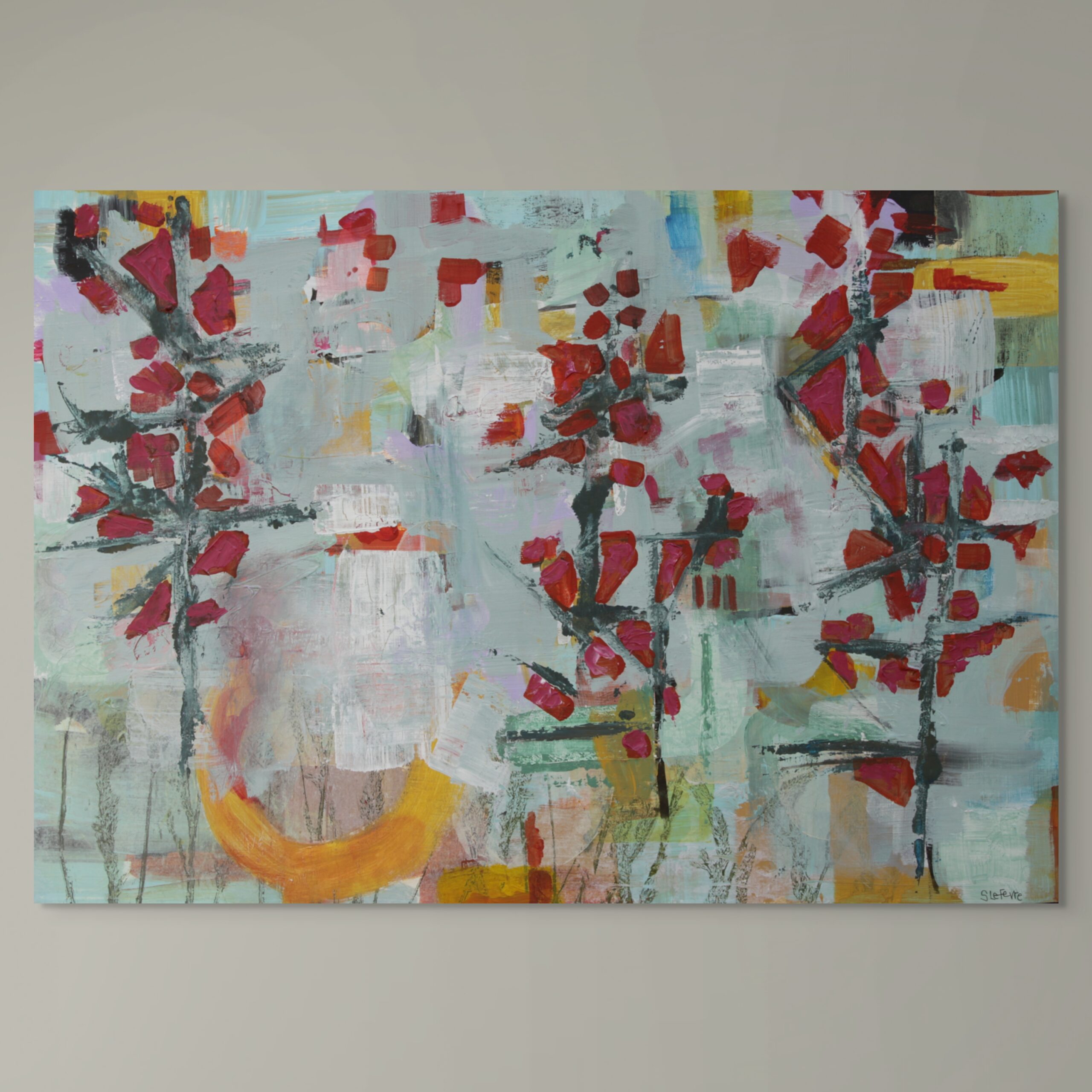 Contemporary abstract wall art representing Fireweed growing near the Thames. Vivid reds and yellows contrast with subtle misty blues and greens.