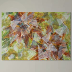 Contemporary large-scale acrylic artwork in vibrant colours of nature, greens and warm browns, intended to bring nature into contemporary interiors.
