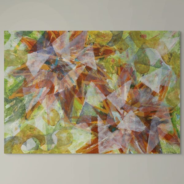 Contemporary large-scale acrylic artwork in vibrant colours of nature, greens and warm browns, intended to bring nature into contemporary interiors.