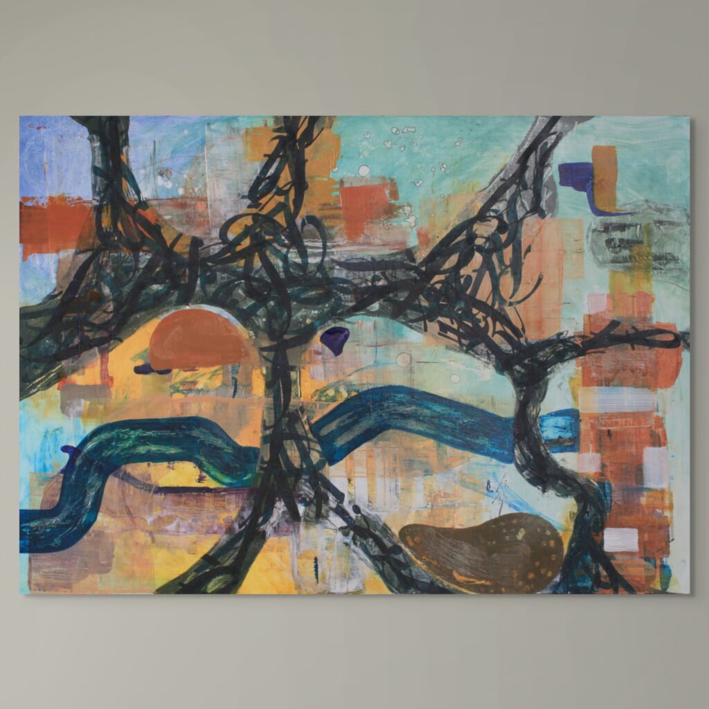 Large-scale mixed media wall art. Graphic calligraphic shapes contrast with earthy oranges and vibrant blues and greens