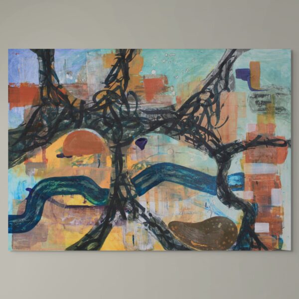 Large-scale mixed media wall art. Graphic calligraphic shapes contrast with earthy oranges and vibrant blues and greens