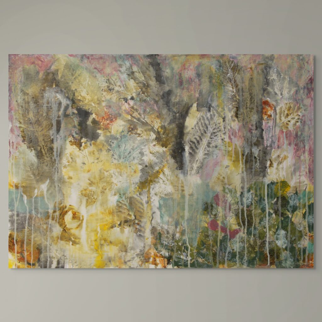 Contemporary abstract painting. Subtle earthy tones and leaf motifs evoke the soft light filtered through a canopy of trees.