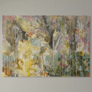 Contemporary abstract painting. Subtle earthy tones and leaf motifs evoke the soft light filtered through a canopy of trees.
