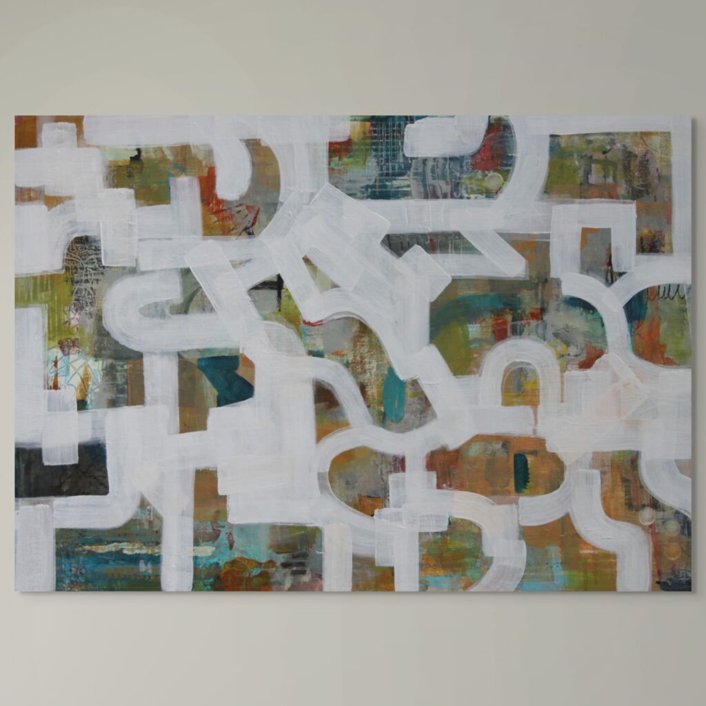 Deeply layered abstract painting. Kingfisher hues of orange and blue, overlaid with textured curves and blocks, representing the dual sensory expereince of watching a kingfisher and feeling ancient stone under my hands.