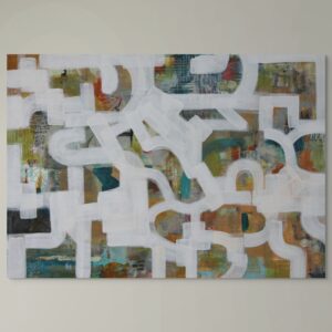 Deeply layered abstract painting. Kingfisher hues of orange and blue, overlaid with textured curves and blocks, representing the dual sensory expereince of watching a kingfisher and feeling ancient stone under my hands.