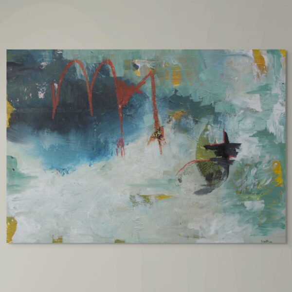 Deeply textured and layered mixed-media painting inspired by a kingfisher catching an early morning meal. Deep blues, misty muted greens and kingfisher hues in high contrast.