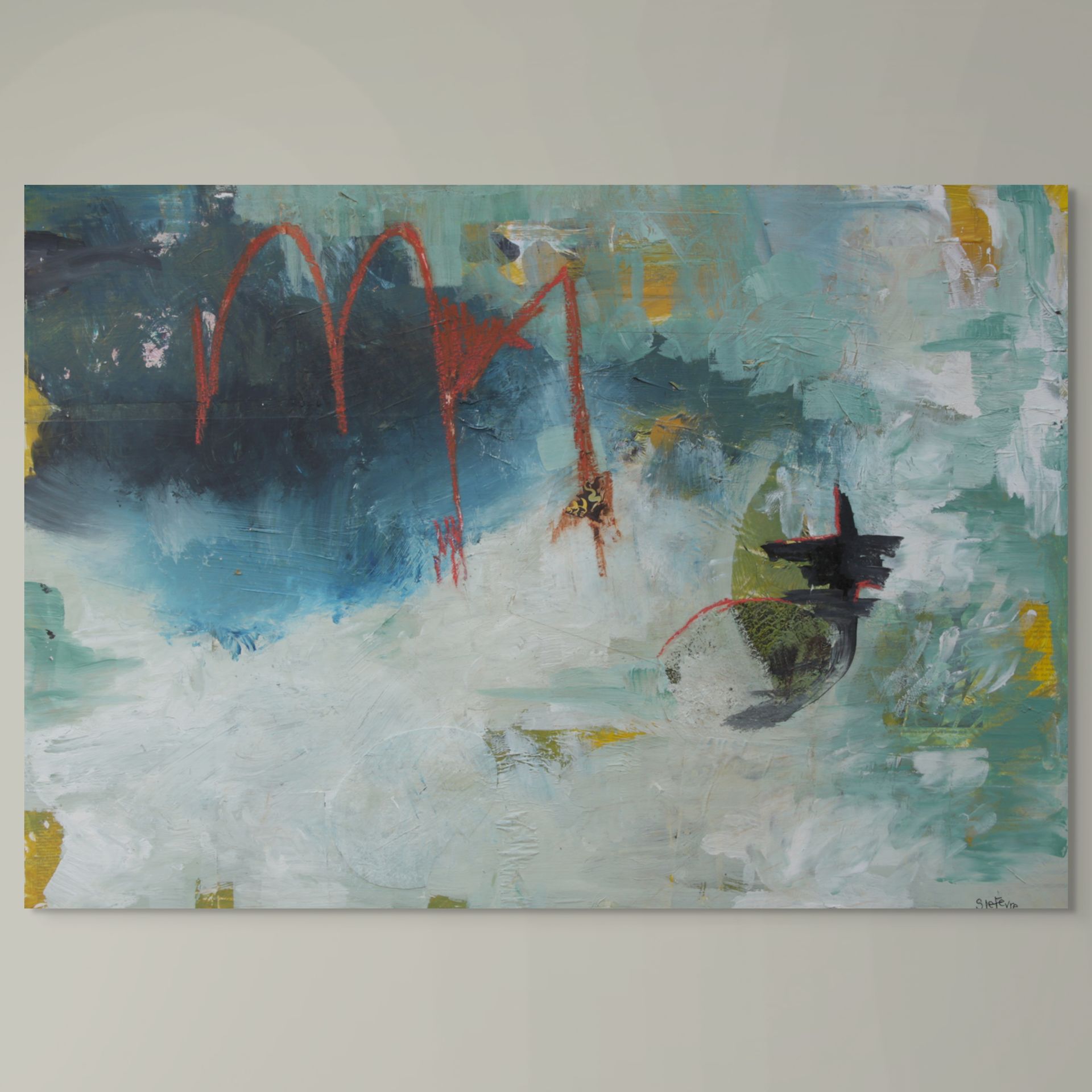 Deeply textured and layered mixed-media painting inspired by a kingfisher catching an early morning meal. Deep blues, misty muted greens and kingfisher hues in high contrast.