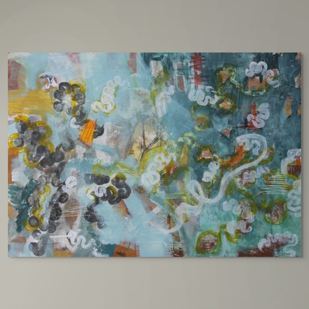 Large-scale mixed media painting, deeply layered and textural. Deep blues and greens contrast with pops of yellow and orange. Organic shapes represent the natural processes of decomposition and renewal.