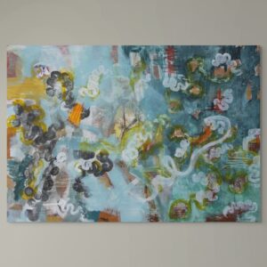 Large-scale mixed media painting, deeply layered and textural. Deep blues and greens contrast with pops of yellow and orange. Organic shapes represent the natural processes of decomposition and renewal.