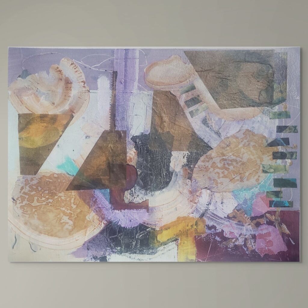 Mixed media and collage on paper. Earth-coloured textural organic shapes contrast with subtle purples and blues.