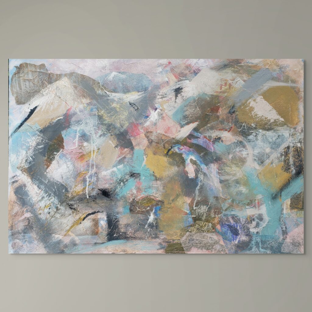 Contemporary mixed media painting on canvas. Subtle yellows and blues comprising a landscape of hills.