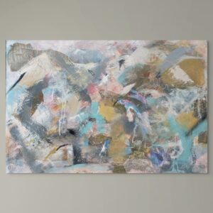 Contemporary mixed media painting on canvas. Subtle yellows and blues comprising a landscape of hills.