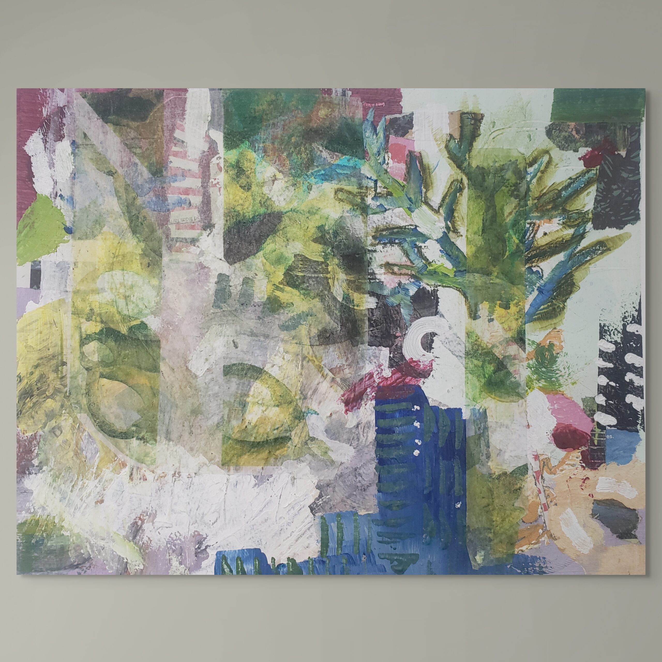 Mixed media on paper. Fresh greens and blues contrast with muted purples to evoke the varied landscapes encountered on a coastal walk.