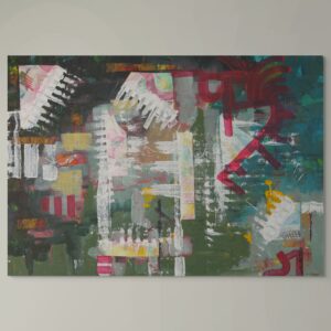 Vibrant large-scale mixed-media painting representing the way that weirs shape water. Greens, reds and high contrast with white shapes.