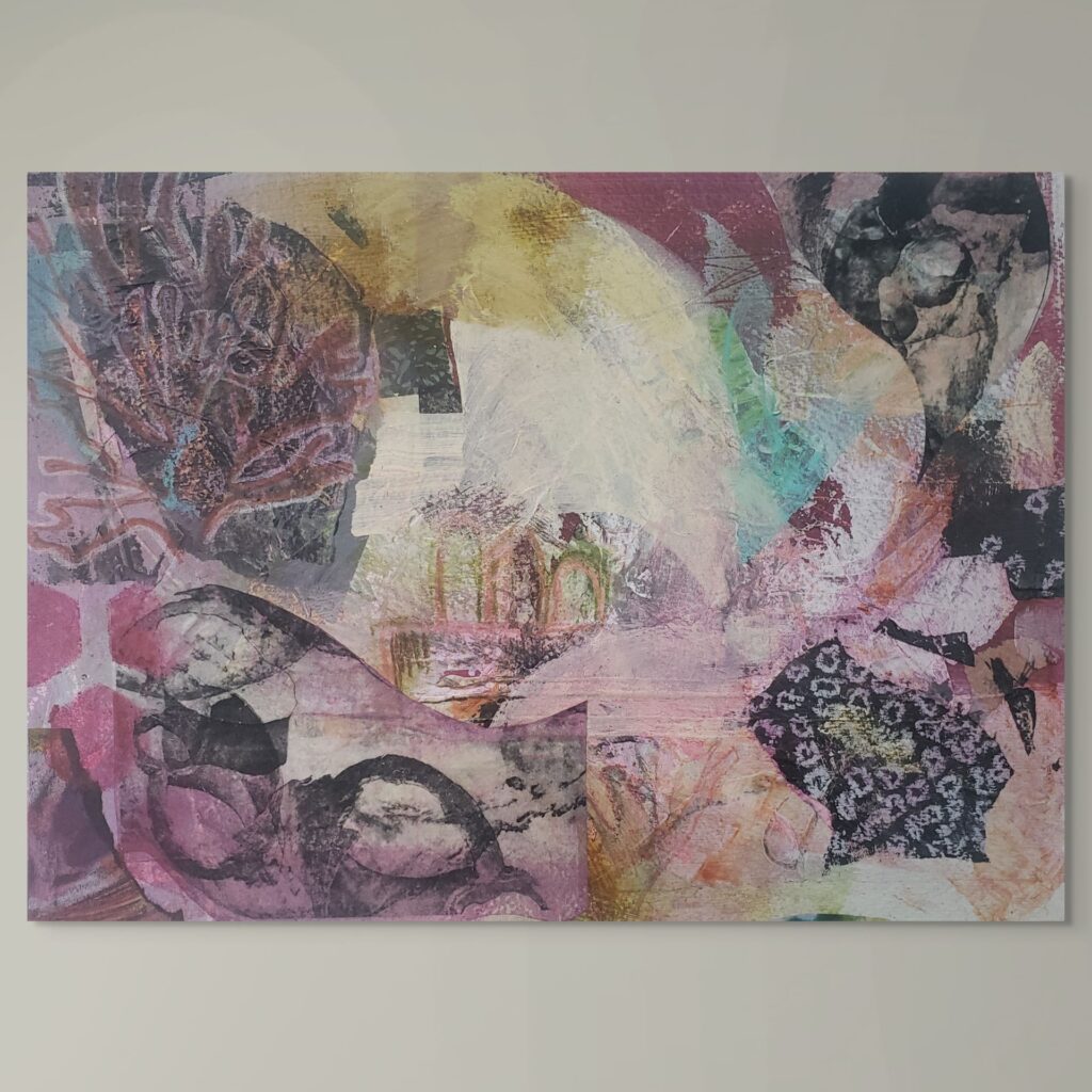 Abstract mixed media collage and acrylic on paper, soft purples and coastal textures