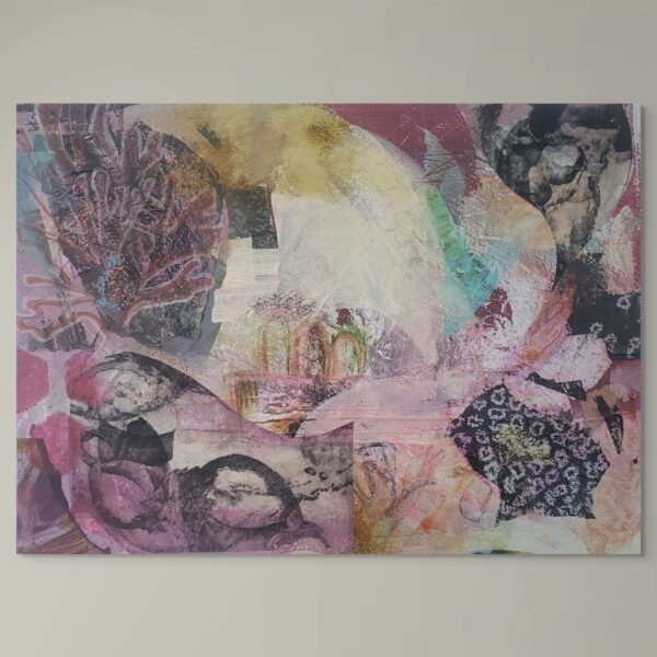 Abstract mixed media collage and acrylic on paper, soft purples and coastal textures