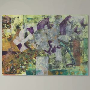 Large-scale nature-inspired art depicting the flitting of a damselfly. Vibrant greens and purples.