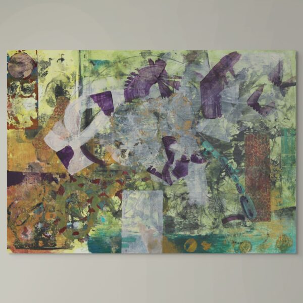 Large-scale nature-inspired art depicting the flitting of a damselfly. Vibrant greens and purples.