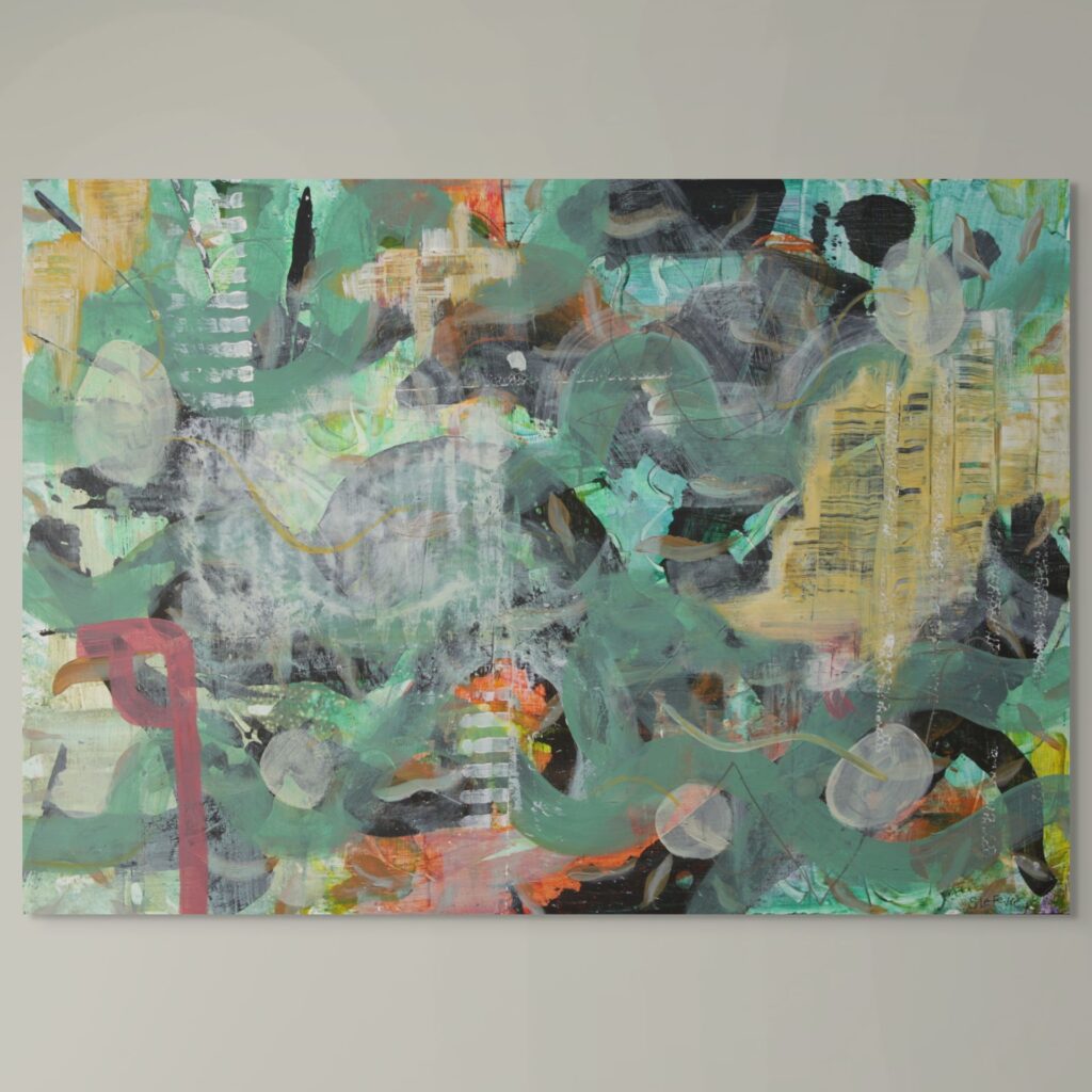 Deeply-layered abstract painting inspired by the hunting technique of the Pike. Vibrant greens and yellows.