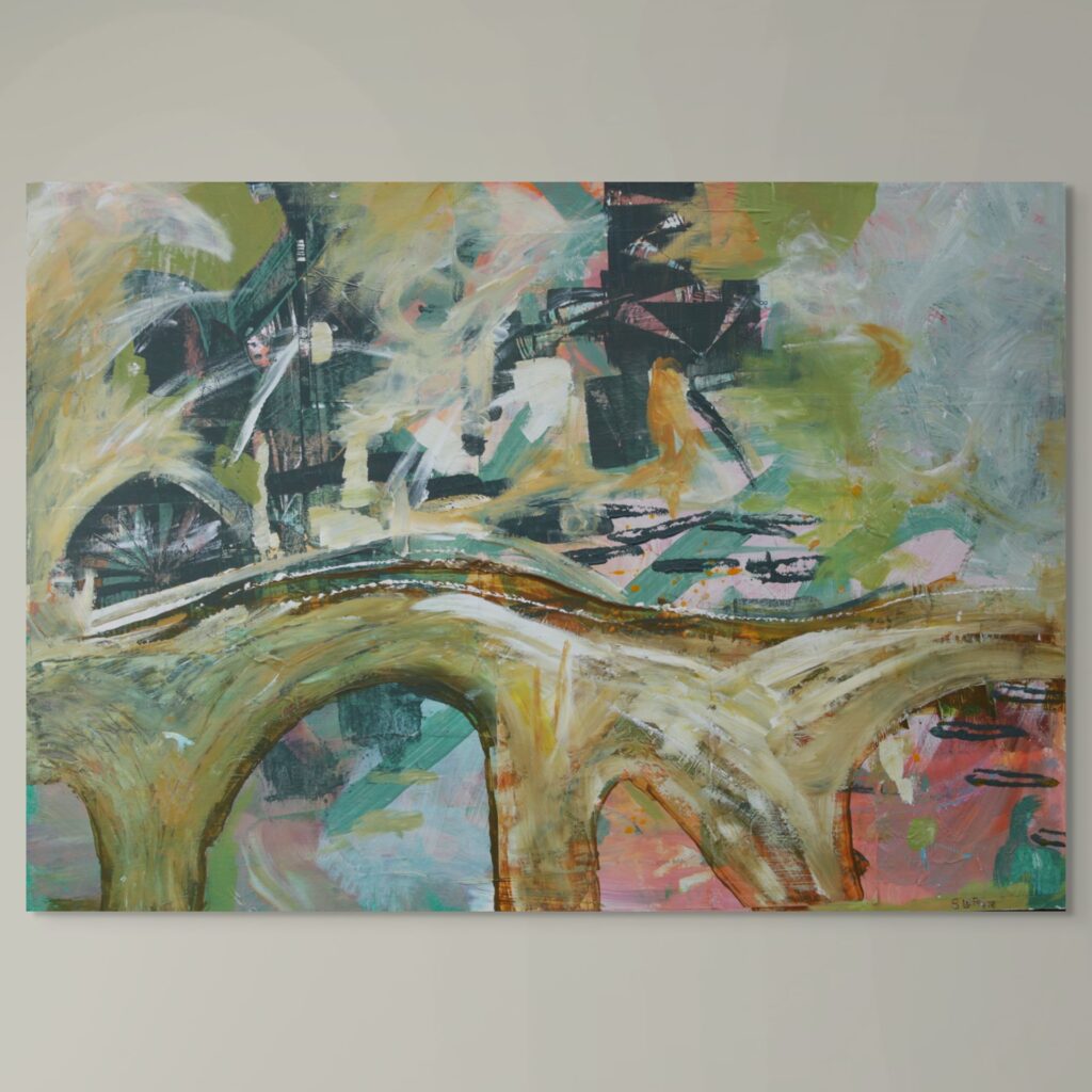 Large abstract painting inspired by Wallingford Bridge, with layered textures in muted blue, pink, and green tones