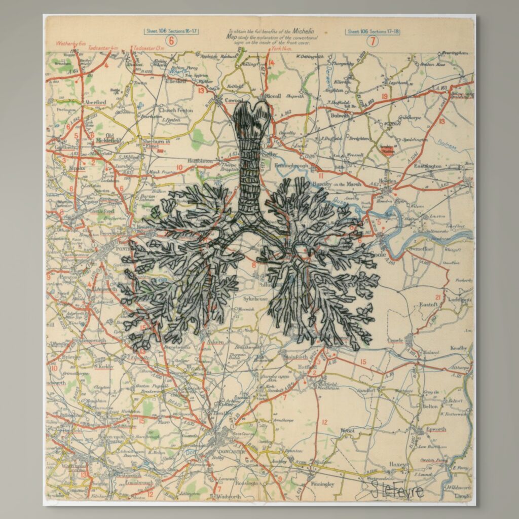 Embroidery of anatomical lungs stitched onto a vintage map, with the trachea positioned near Drax Power Station in North Yorkshire, referencing environmental change and carbon emissions.