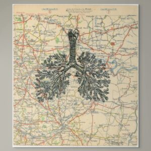 Embroidery of anatomical lungs stitched onto a vintage map, with the trachea positioned near Drax Power Station in North Yorkshire, referencing environmental change and carbon emissions.