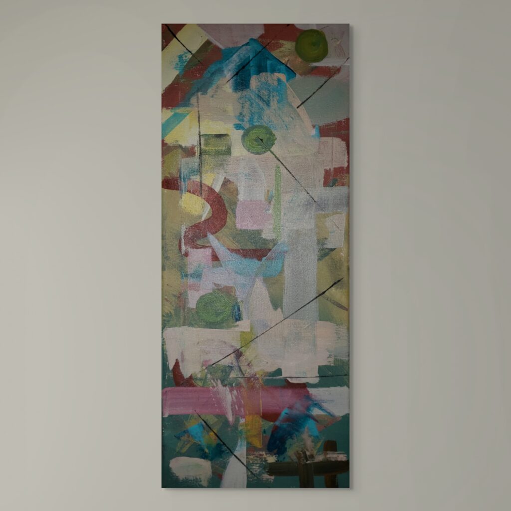 Tall abstract painting on canvas inspired by the jumble of roofs in Wallingford - pinks, deep reds and neutral stone colours make geometric patterns.