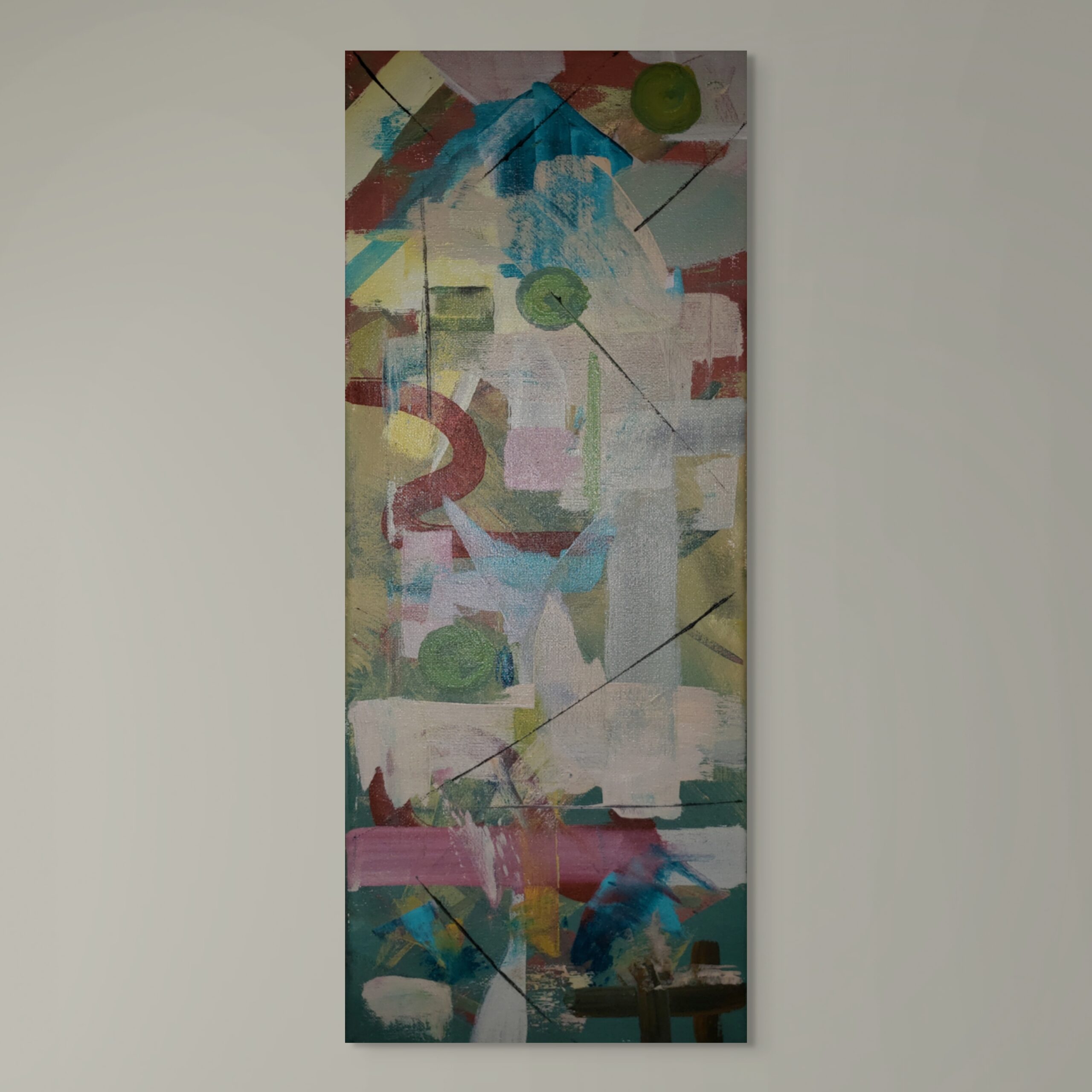 Tall abstract painting on canvas inspired by the jumble of roofs in Wallingford - pinks, deep reds and neutral stone colours make geometric patterns.