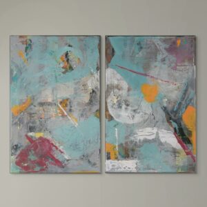 Abstract mixed media diptych in misty aquamarine tones with contrasting flashes of deep red and yellow, evoking the transition between dreaming and waking.