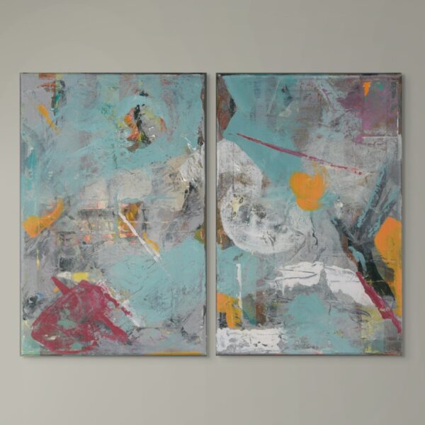 Abstract mixed media diptych in misty aquamarine tones with contrasting flashes of deep red and yellow, evoking the transition between dreaming and waking.