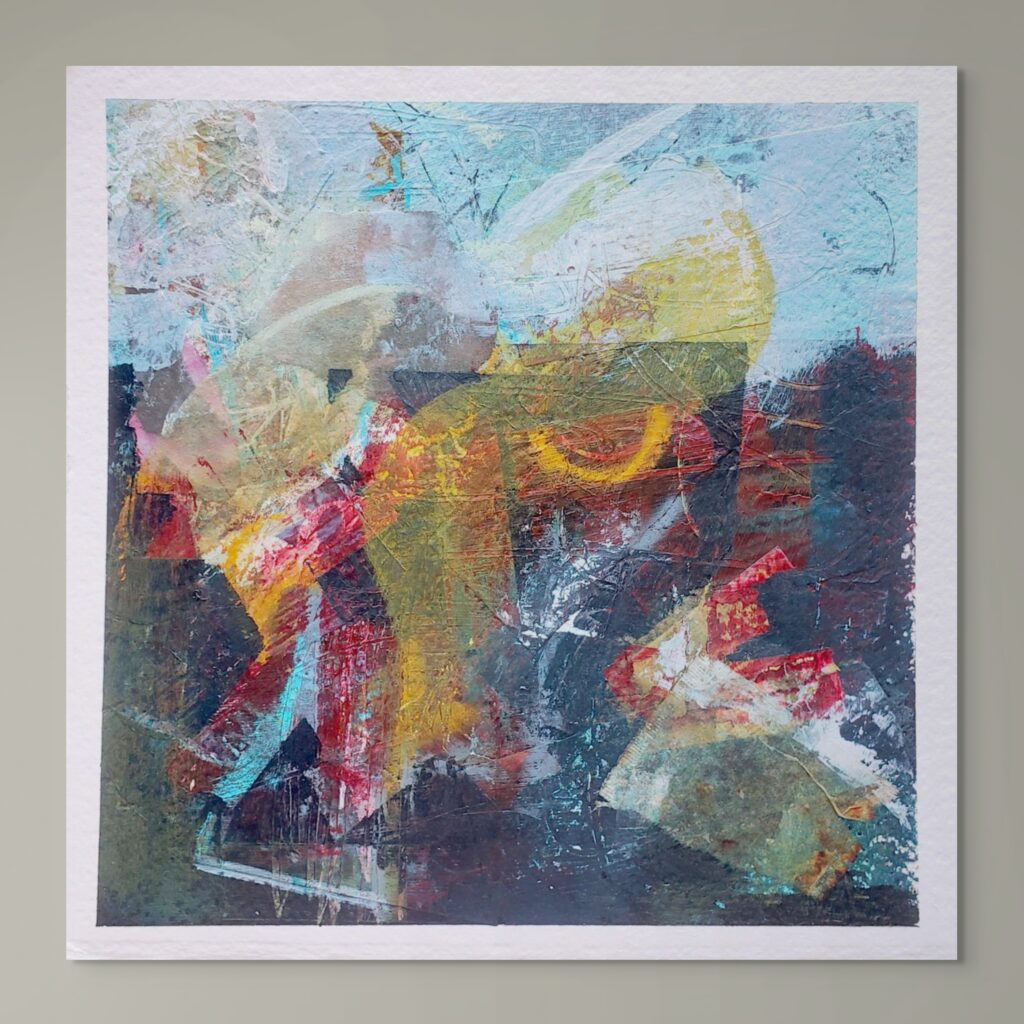 Square abstract mixed-media painting on paper. Dark water contrasts strongly with pale blues and vibrant reds and yellows depicting bustling summer life on the Thames.