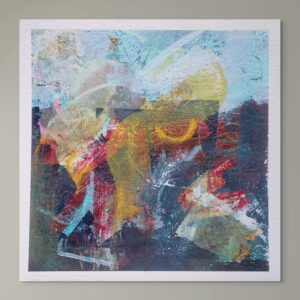 Square abstract mixed-media painting on paper. Dark water contrasts strongly with pale blues and vibrant reds and yellows depicting bustling summer life on the Thames.