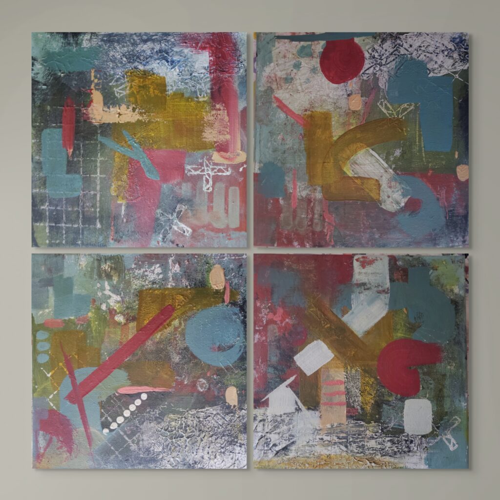Abstract tetraptych in deep blues and reds, inspired by Thames moorings, with layered textures and linear marks suggesting boats, structures and their rippled reflections in water.