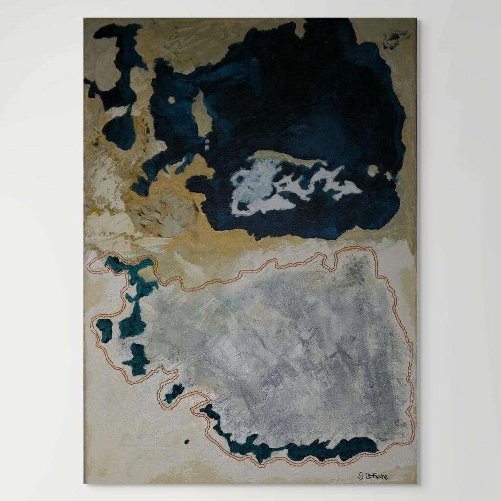 Mixed media artwork featuring embroidery on painted canvas, showing before-and-after satellite images of the Aral Sea with heavy seam stitching, referencing environmental degradation from cotton irrigation.