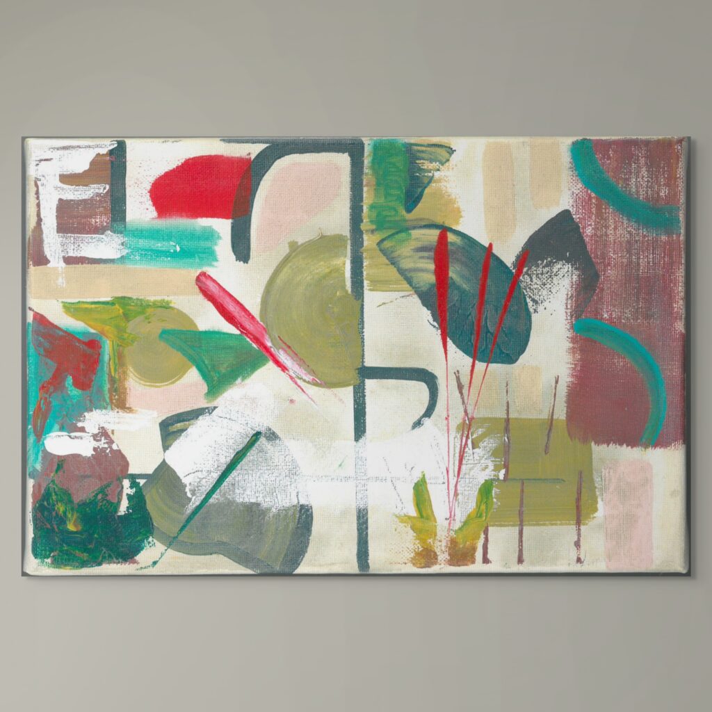 Abstract acrylic painting inspired formal planting and water features. Muted stone tones and contrating greens and reds.