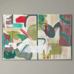 Abstract acrylic painting inspired formal planting and water features. Muted stone tones and contrating greens and reds.