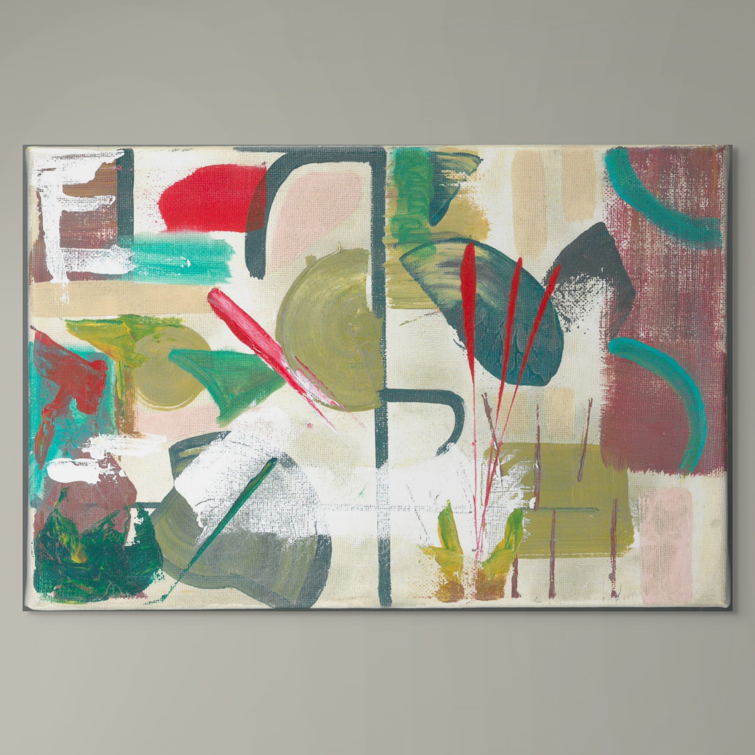 Abstract acrylic painting inspired formal planting and water features. Muted stone tones and contrating greens and reds.