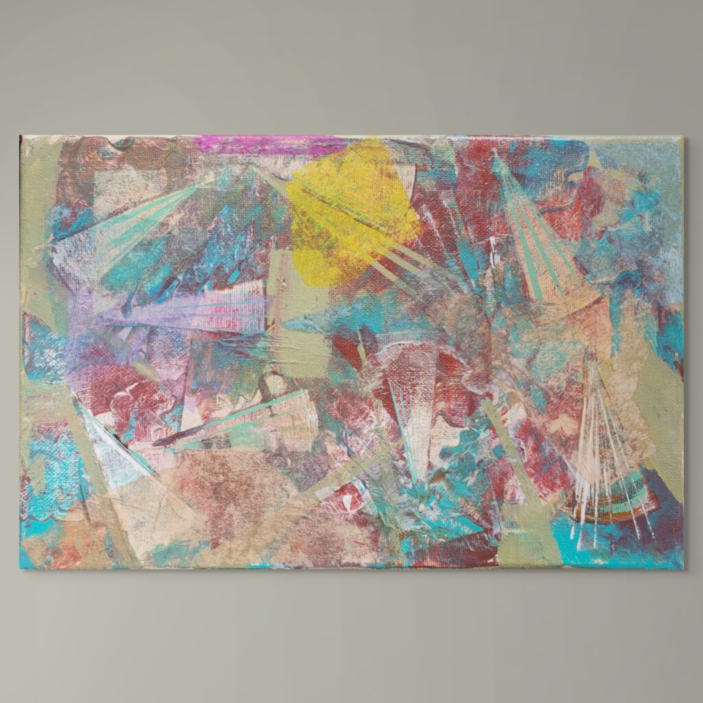 Abstract acrylic painting, vivid red, yellow and aquamarine radiating shapes, depict flashes and after-images caused by bright sunshine.