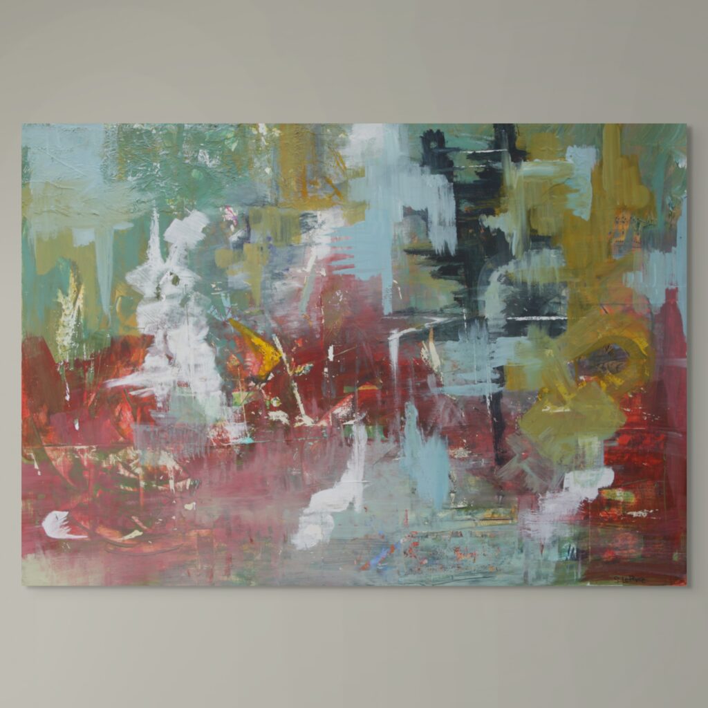 Abstract painting of a river at sunset with deep reds, muted blues and flashes of mustard yellow, suggesting a mirrored landscape on still water.
