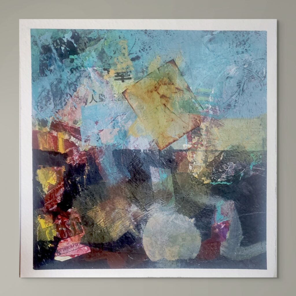 Abstract mixed media painting of the River Thames in summer, with layered blues and bright accents suggesting movement, reflections and riverside activity.