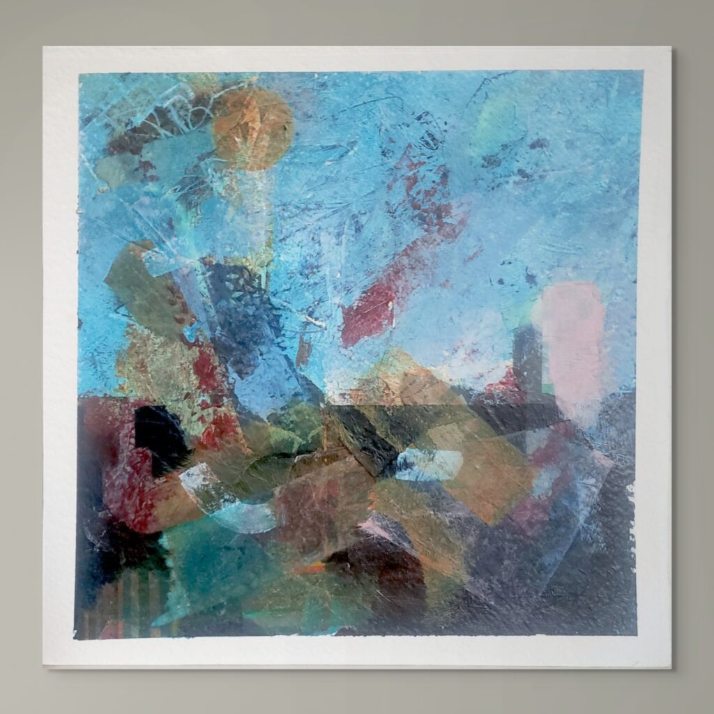 Abstract mixed-media painting inspired by the River Thames, featuring vibrant reds, yellows and blues over darker tones, evoking summer light and reflective water.