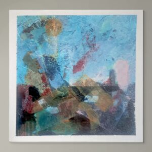 Abstract mixed-media painting inspired by the River Thames, featuring vibrant reds, yellows and blues over darker tones, evoking summer light and reflective water.