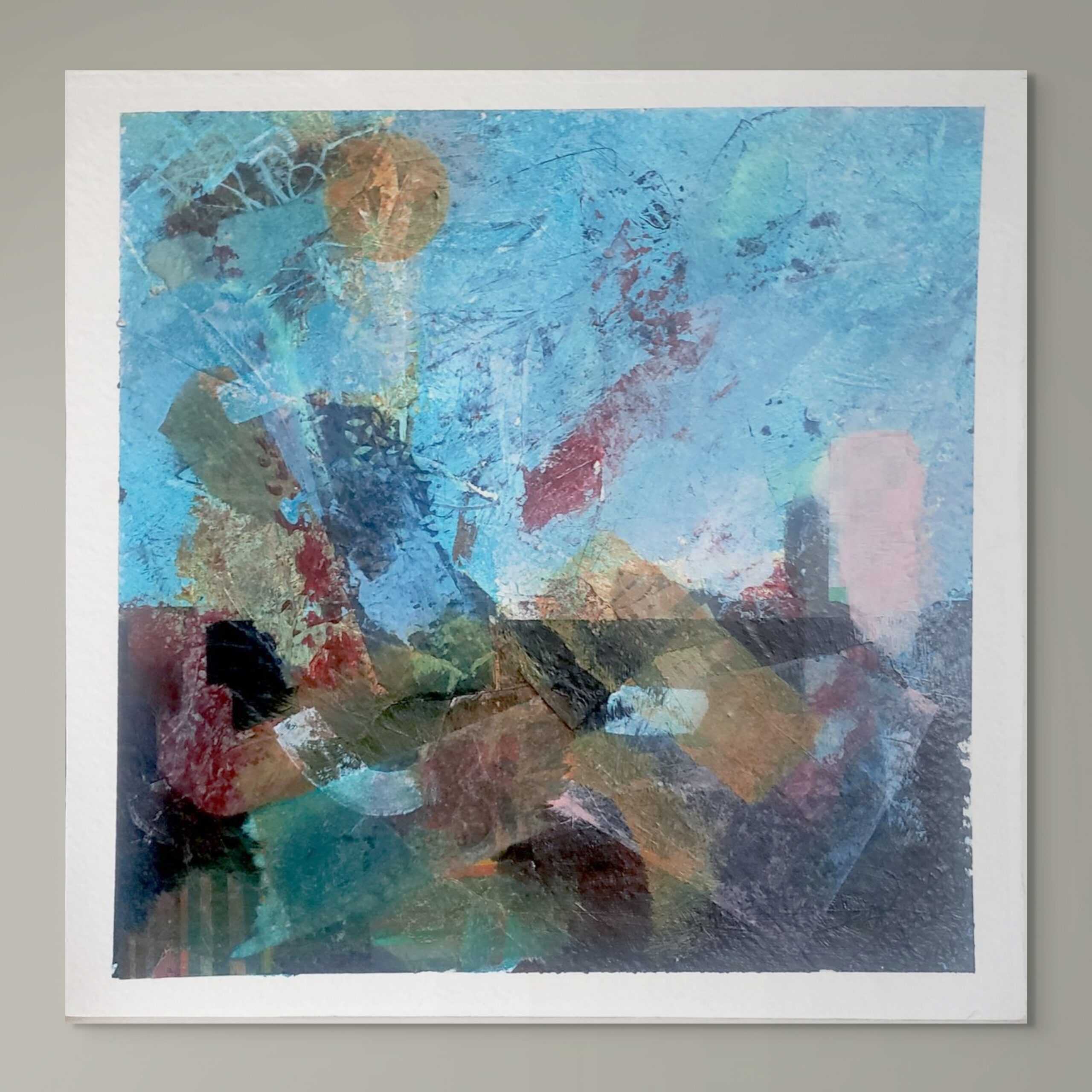 Abstract mixed-media painting inspired by the River Thames, featuring vibrant reds, yellows and blues over darker tones, evoking summer light and reflective water.