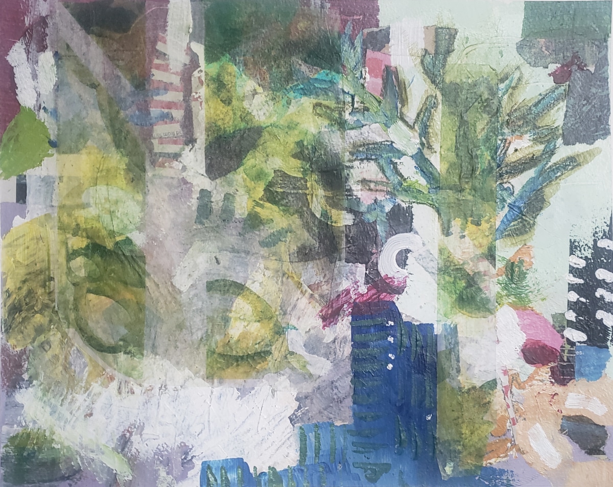 Mixed media painting on paper, blues, fresh greens and purple, representing a walk in North Norfolk.